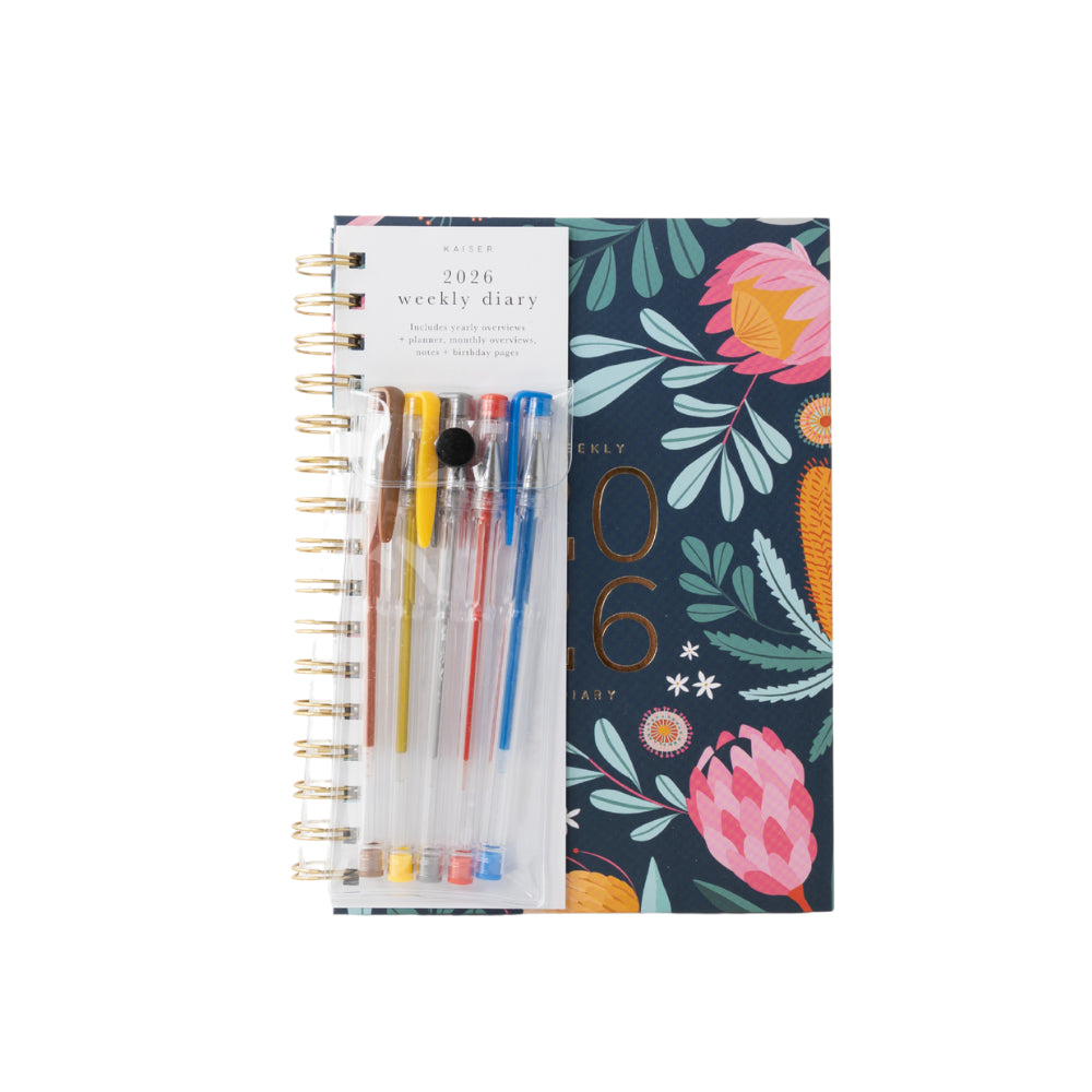 2026 A5 Weekly Spiral Diary & Pen - Indigo Flora